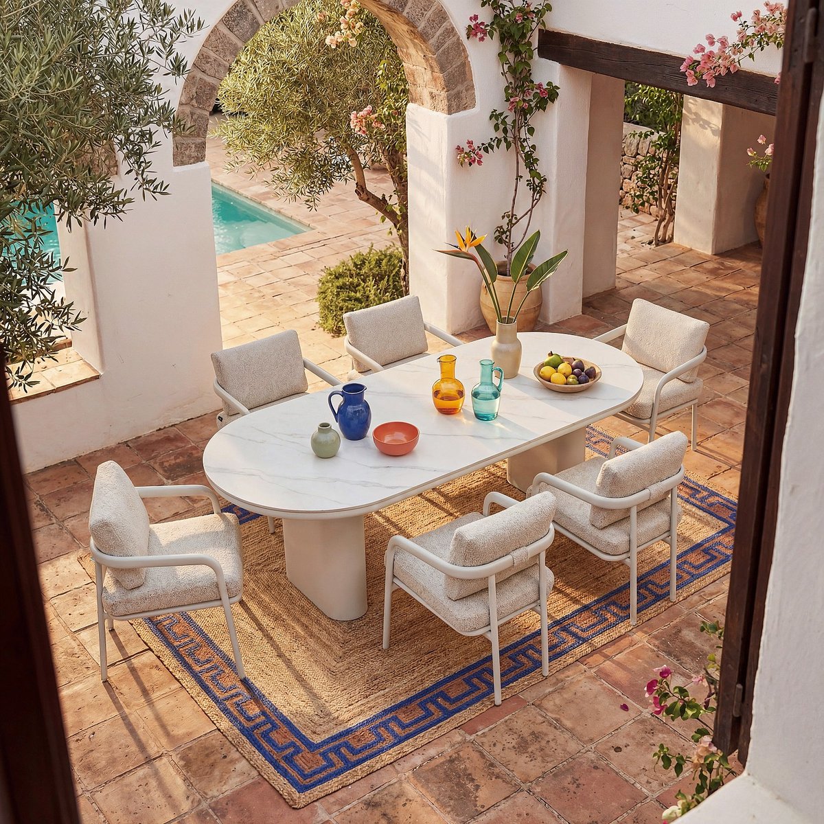 Lot de 2 chaises de jardin en tissu texturé déperlant et aluminium blanc NAZARE beige, HABITAT