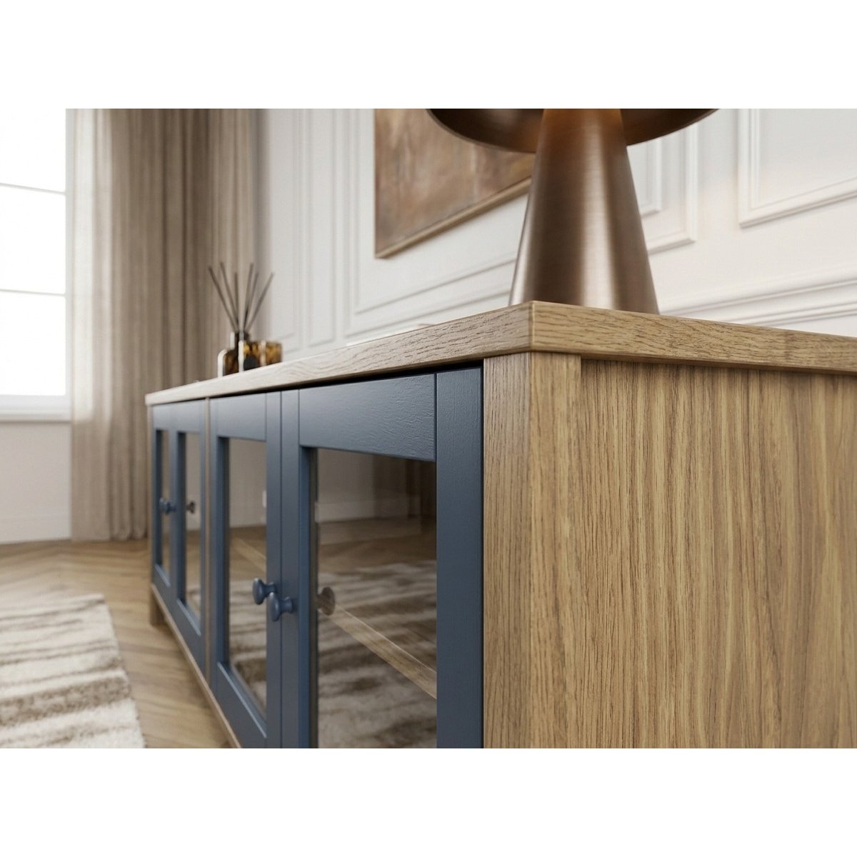 Meuble TV 150 cm panneaux de particules, LEXIE bleu, BOBOCHIC