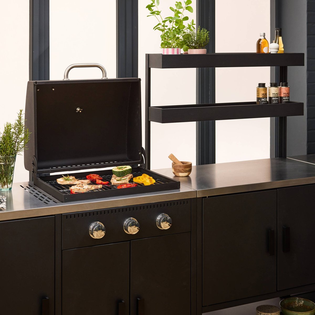 Cuisine d'extérieure 5 modules avec barbecue gaz 3 brûleurs sur pieds, thermomètre NAXOS BARBECUE GAZ + 5 MODULES noir, SWEEEK