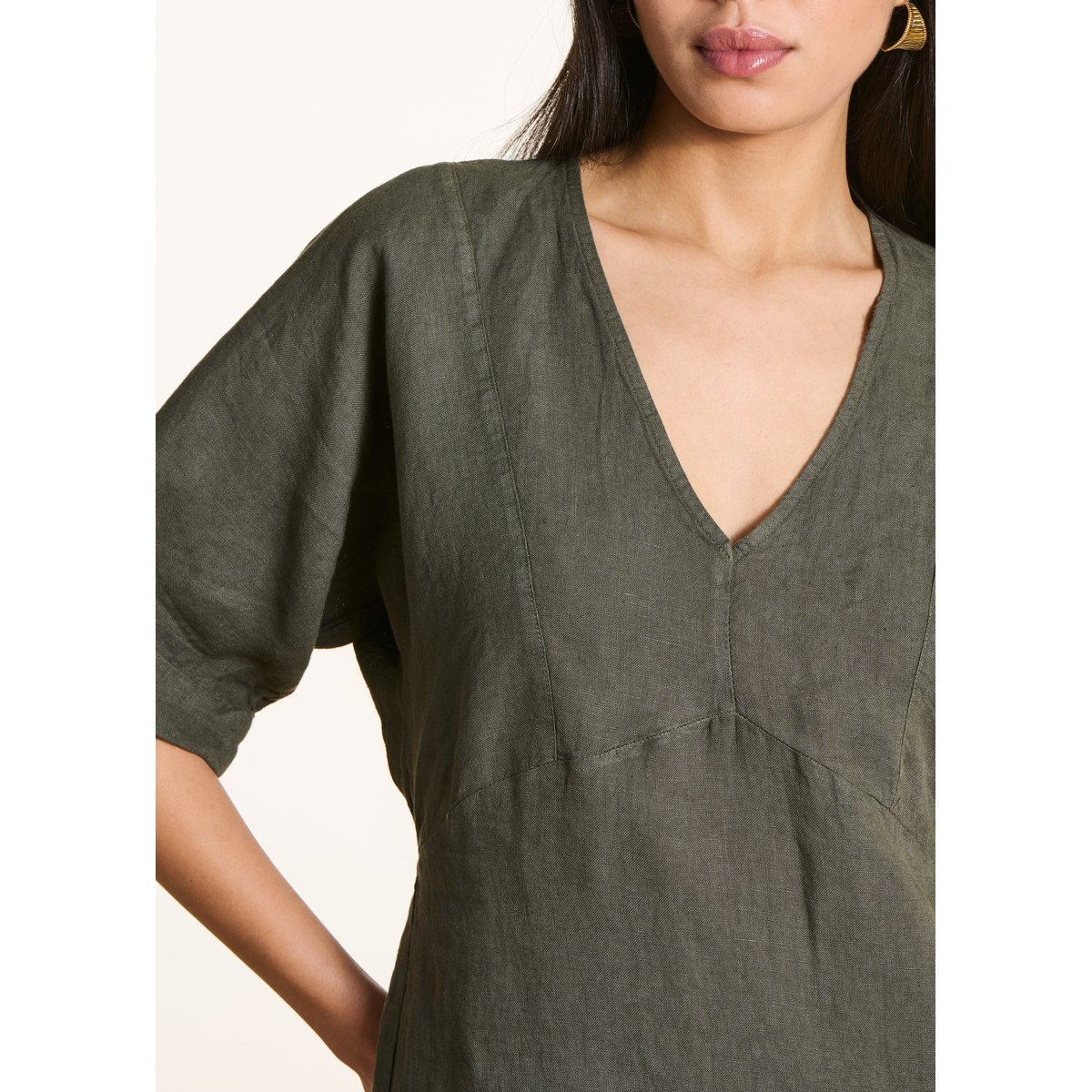 Robe courte ample en lin col V cypres, LA FEE MARABOUTEE