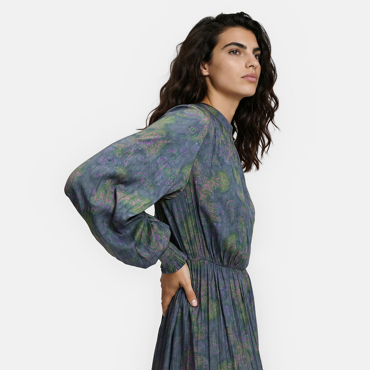 Robe longue, manches longues, imprimé cachemire imprimé fond kaki, LA REDOUTE COLLECTIONS