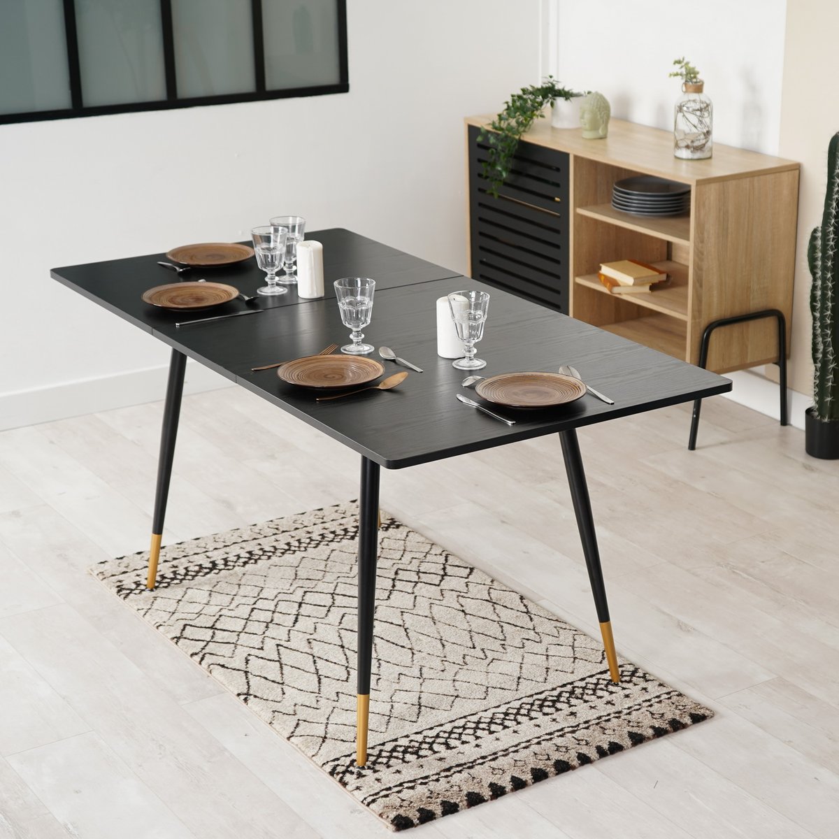 Table à manger extensible à allonge papillon intégrée, WHALEN noir, MEUBLES COSY