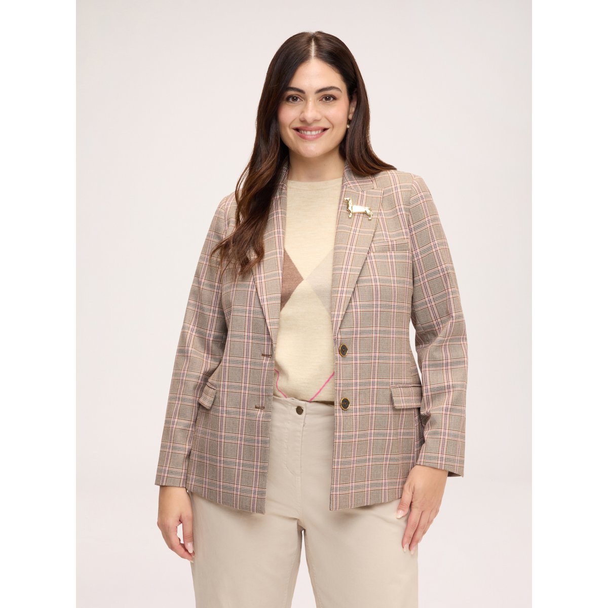 Blazer à carreaux avec broche teckel gris, FIORELLA RUBINO