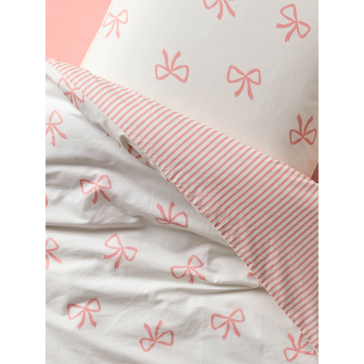 Parure housse de couette et taie d'oreiller NOEUDS avec coton recyclé rose imprimé, VERTBAUDET