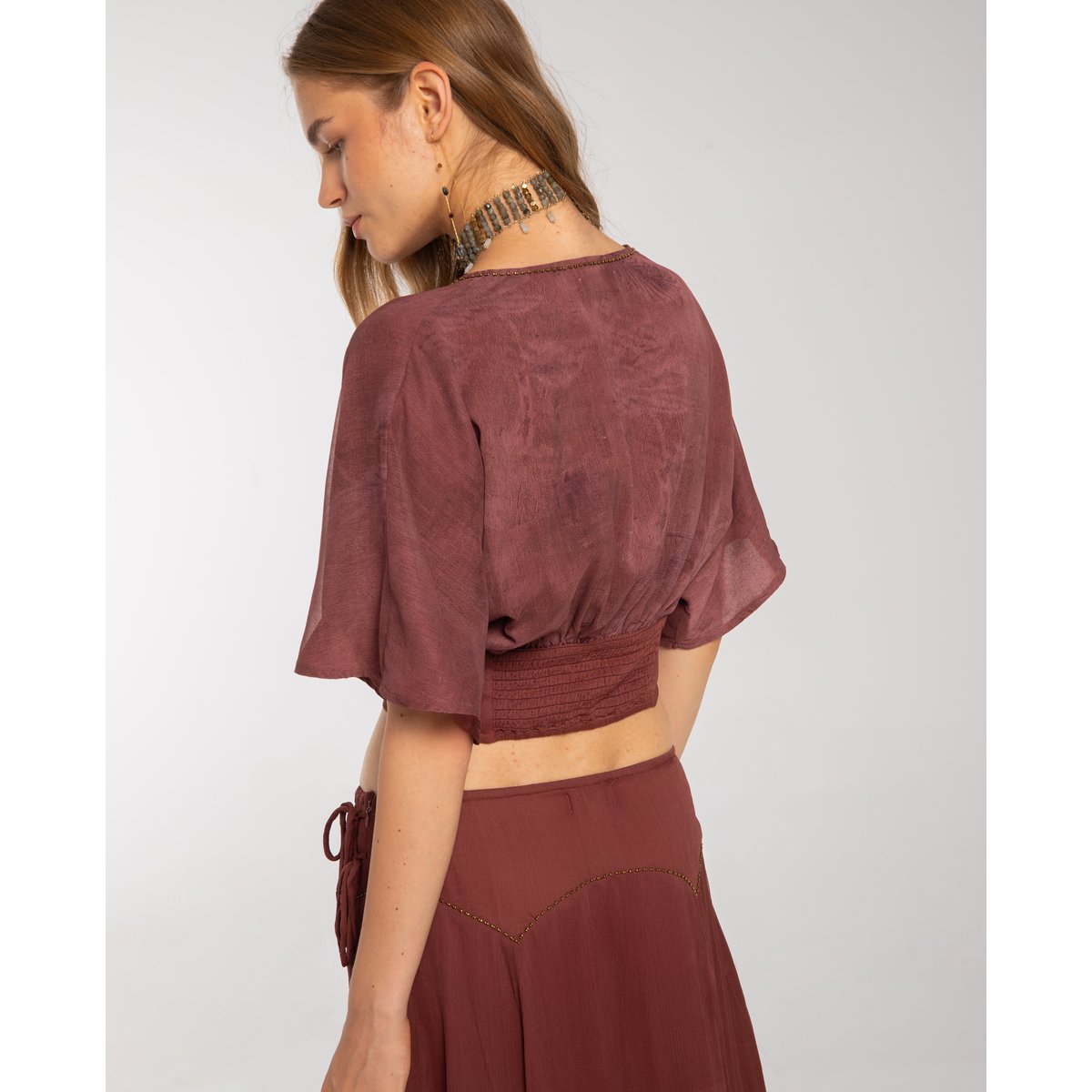 Blouse avec ceinture et manches fluides beige, THE-ARE