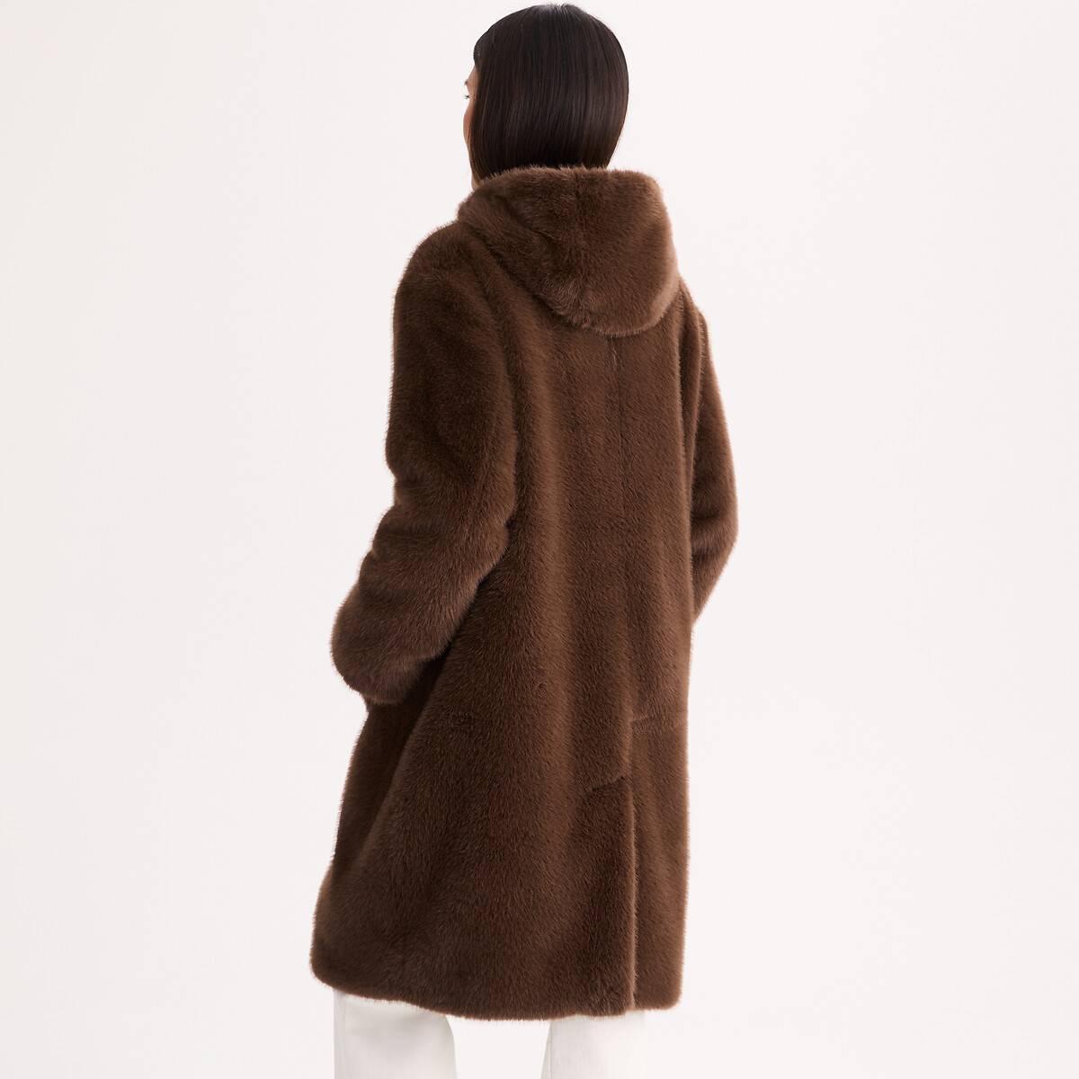 Manteau mi-long duveteux, à capuche marron, ANNE WEYBURN