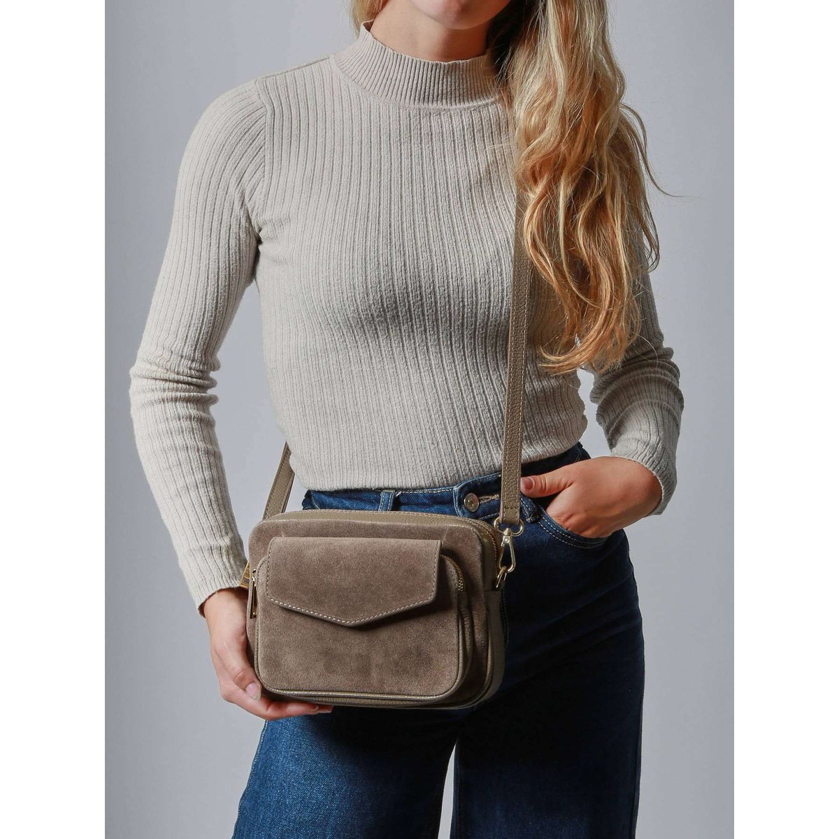 Sac bandoulière Velvet caviar cuir taupe, MILANO