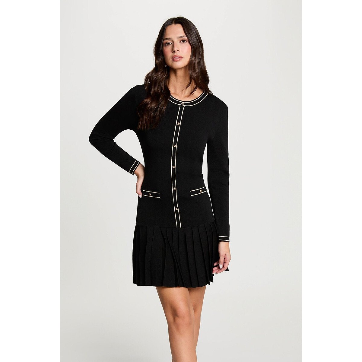 Abito in con maglia con gonna plissettata nero , MORGAN