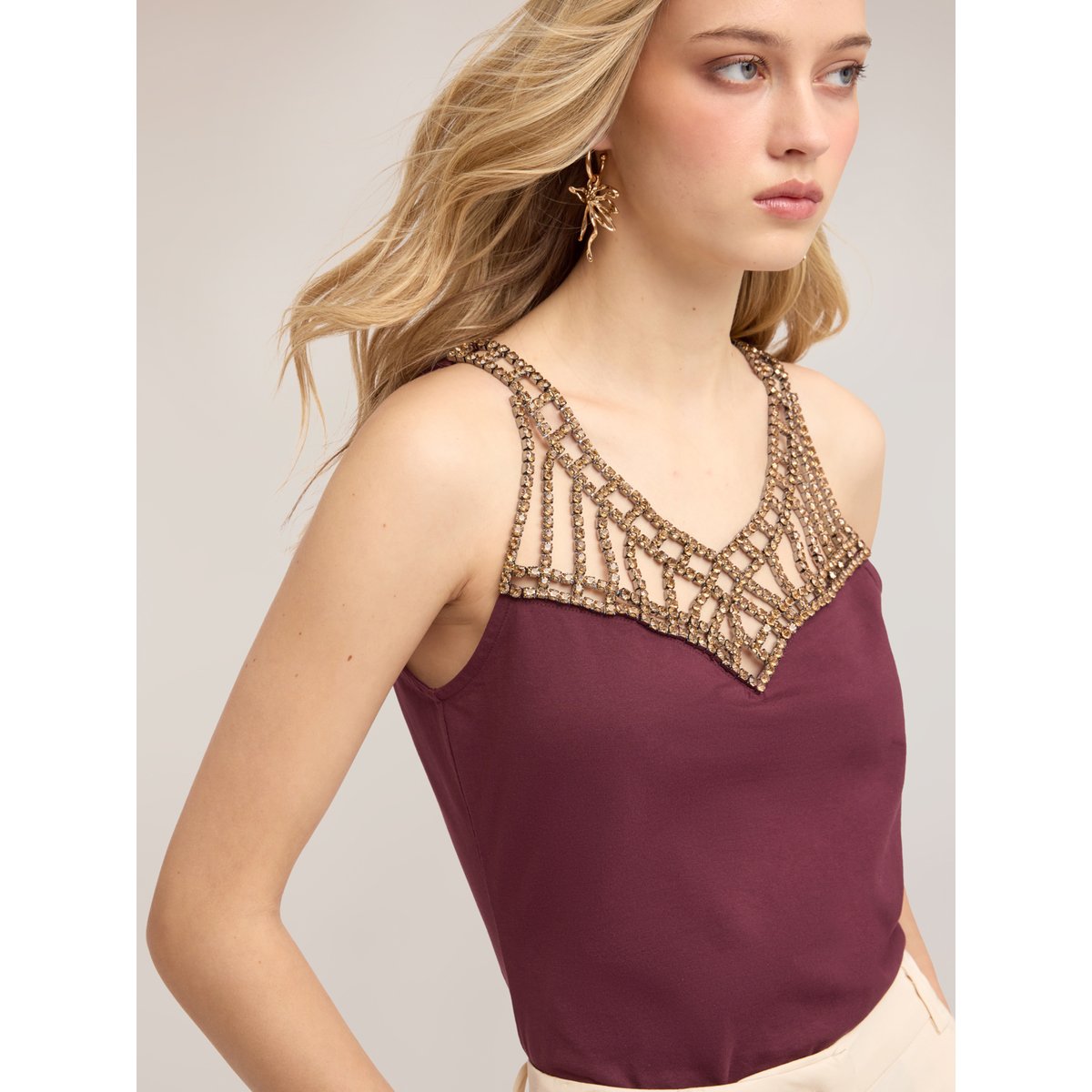 Top en résille avec strass violet, MOTIVI