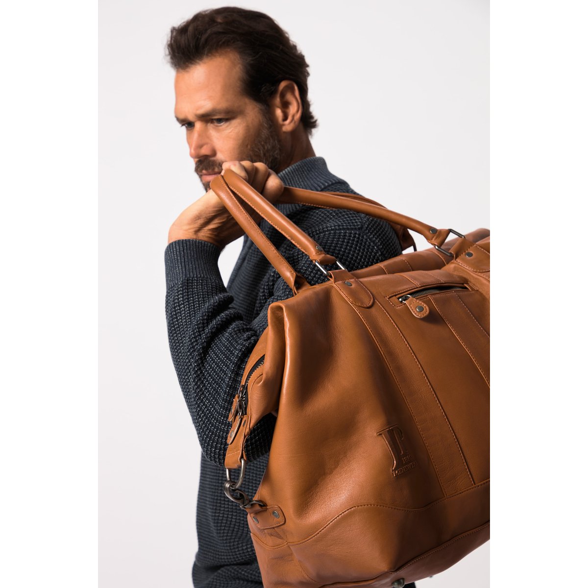 Sac Weekender, en cuir d'agneau nappa marron cognac, JP1880