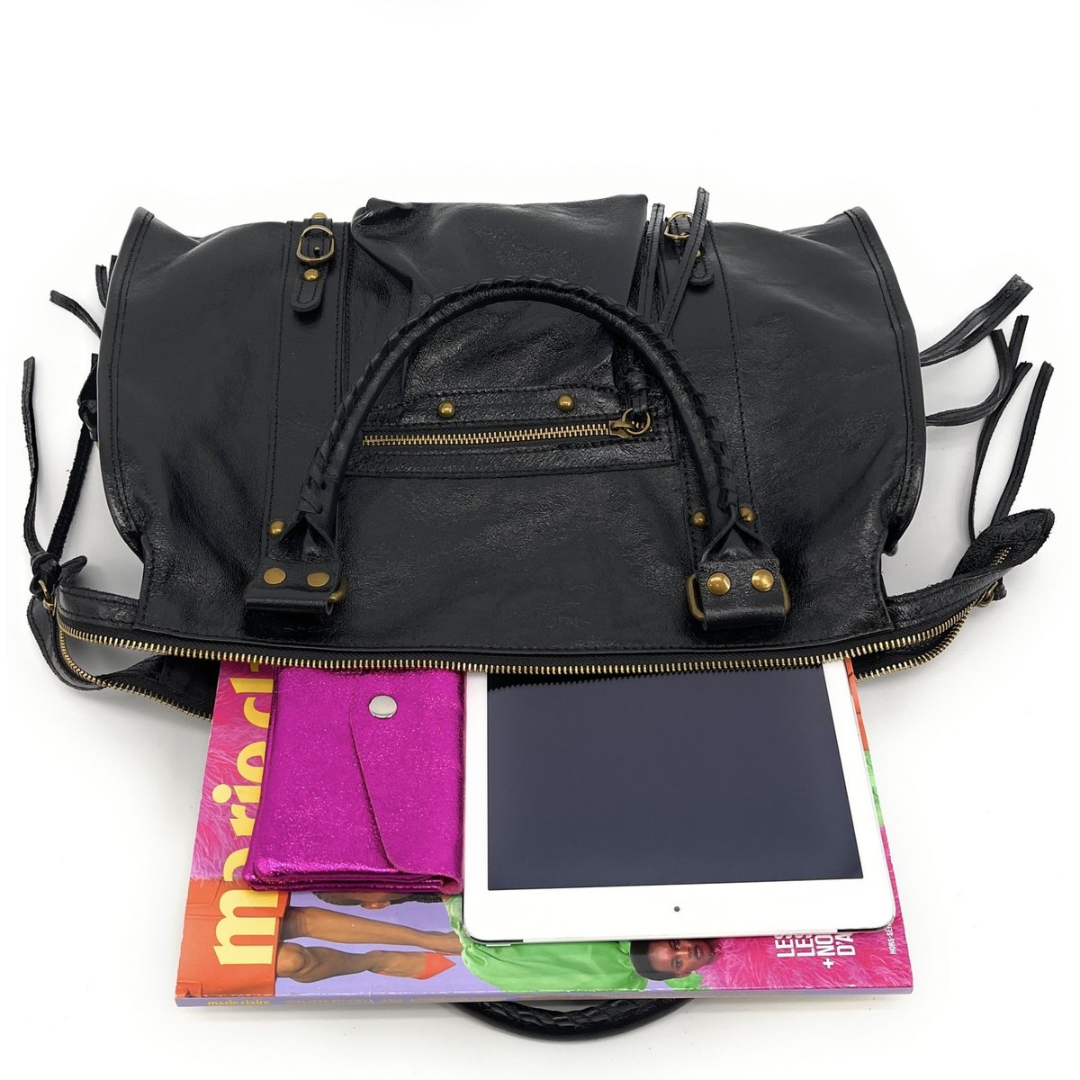 Sac à main noir en cuir brillant italien SANDSTORM GLOSSY noir brillant, OH MY BAG