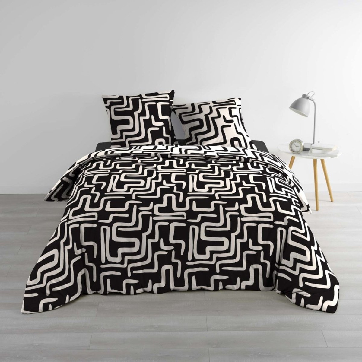 Housse de couette 100% coton finition pression + 2 taies d’oreiller noir, DECORATIE