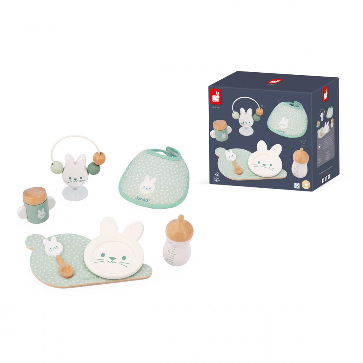 Set repas Zen en bois pour poupon vert d'eau, blanc, bois, JANOD