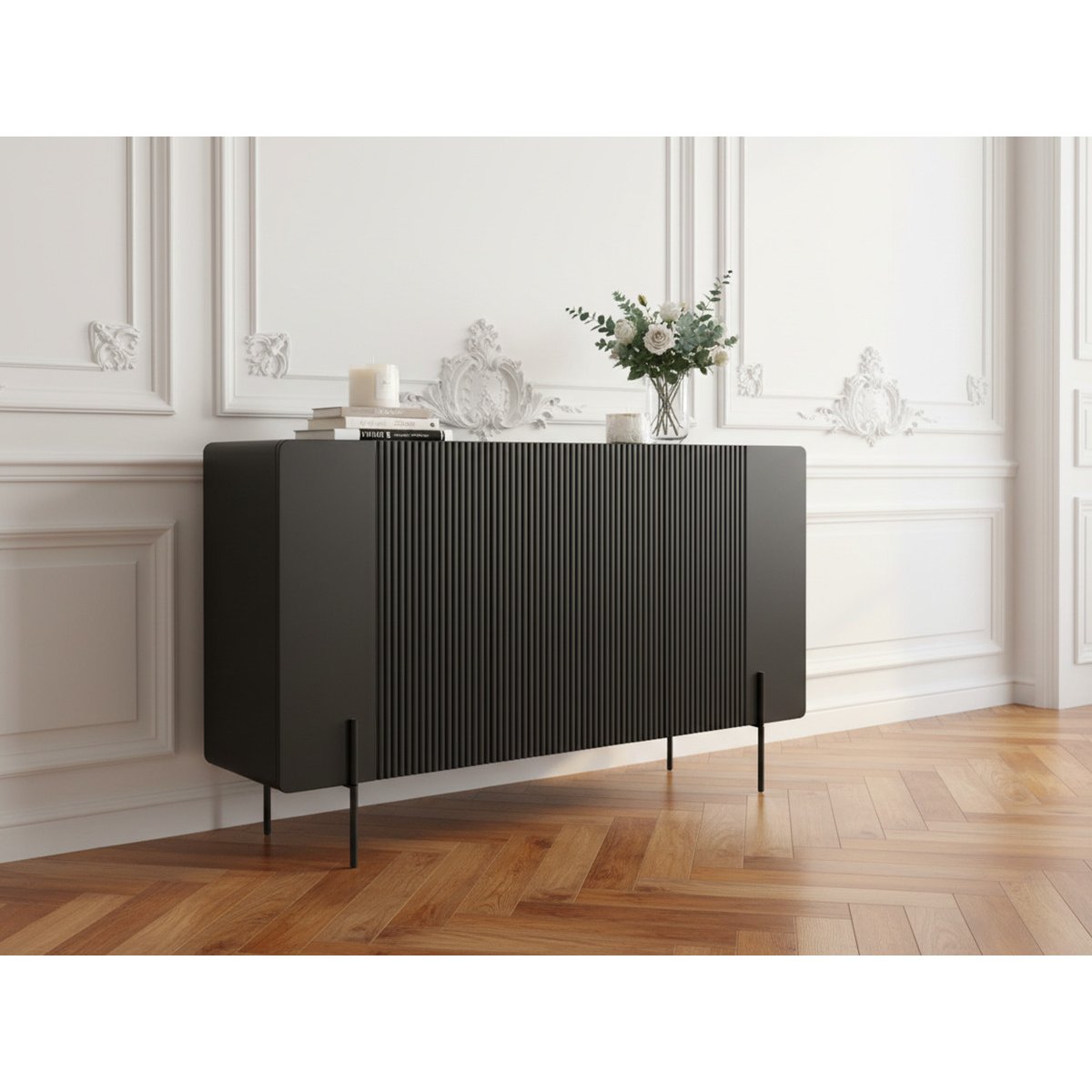 Buffet bas en panneaux de particules et MDF 4 portes 150 cm, MATHILDE noir, BOBOCHIC