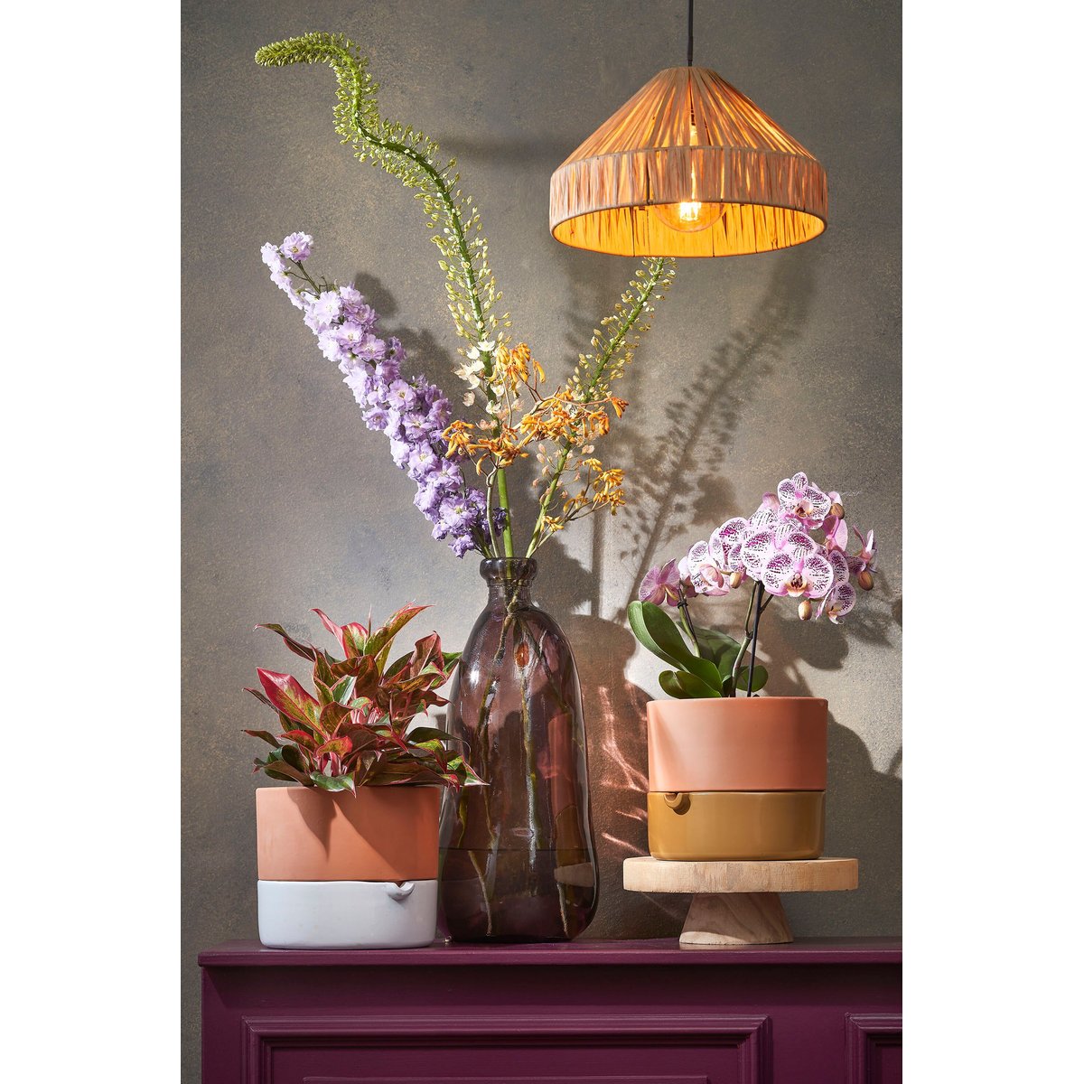 Suspension lumineuse en raphia tressé ELISA marron clair, MICA DECORATIONS