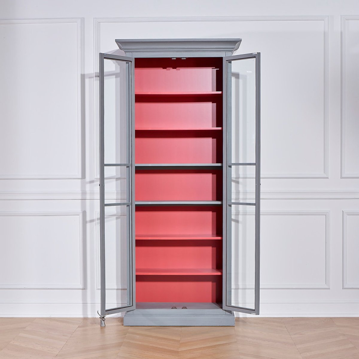 Armoire vitrée en pin 6 étagères EMILY grise, ROBIN DES BOIS
