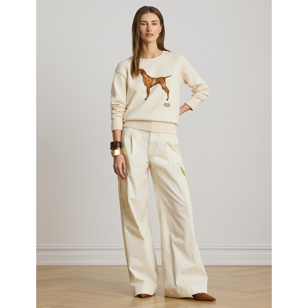Pull col rond à motif chien crème, LAUREN RALPH LAUREN