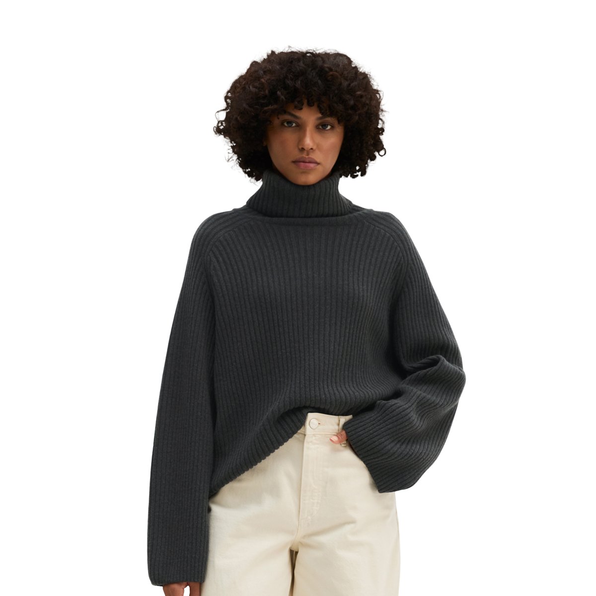 Pull à col roulé côtelé loose en doux mélange de laine vierge gris foncé, MARC O'POLO
