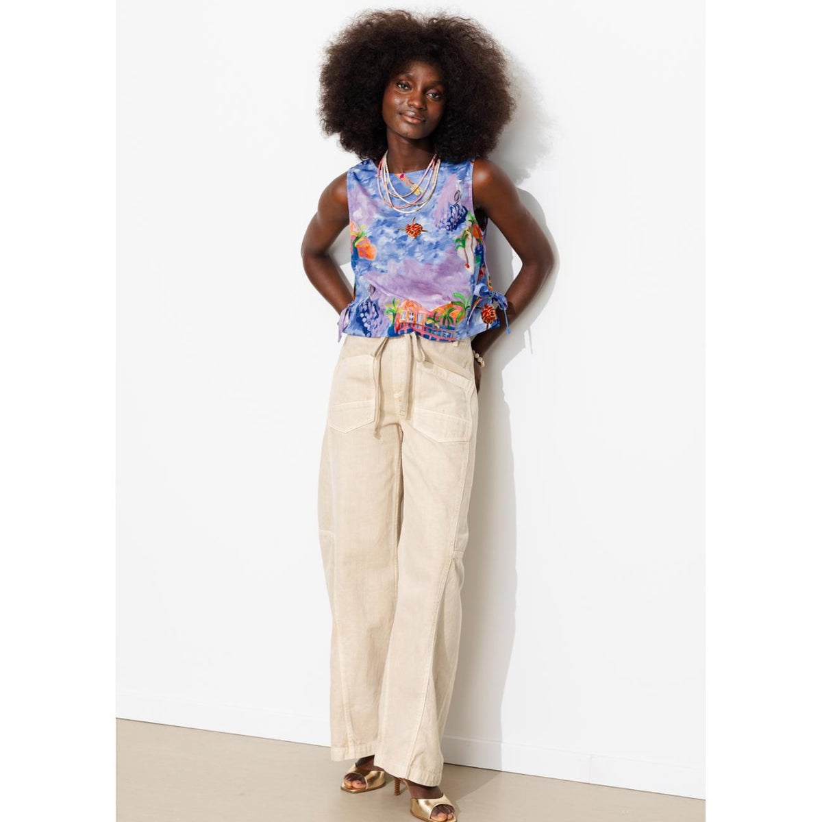 Crop top à nouettes à pois imprimé bleu, PROMOD