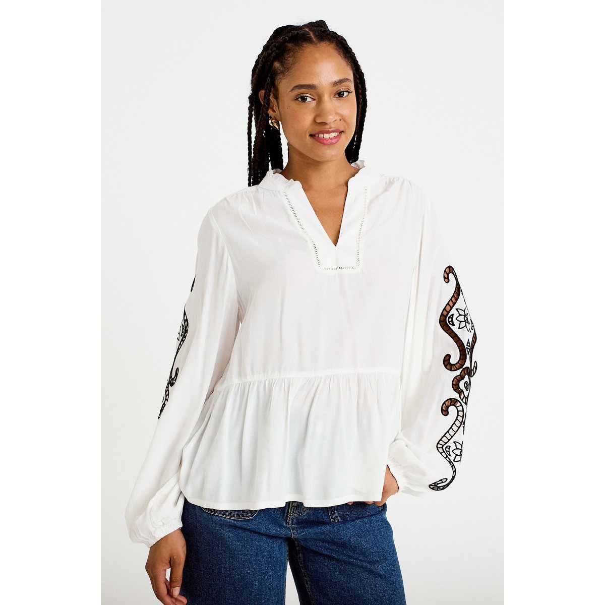 Blouse col v manches longues ecru, CACHE CACHE