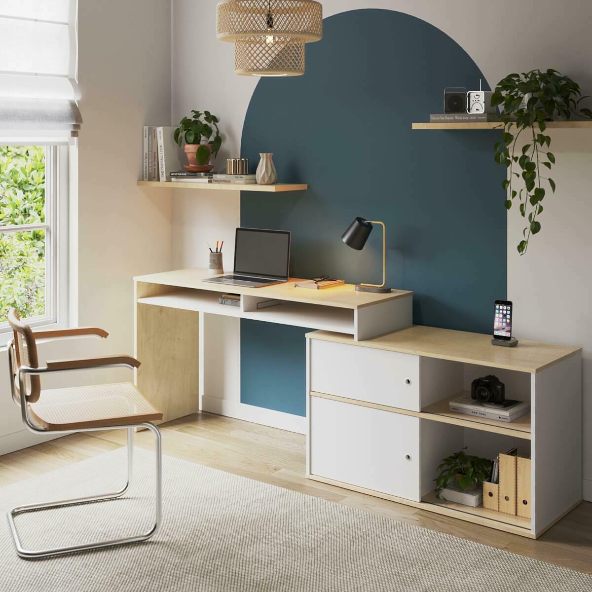 Bureau modulable avec rangement MOON blanc et bois, AKITEN RETAIL
