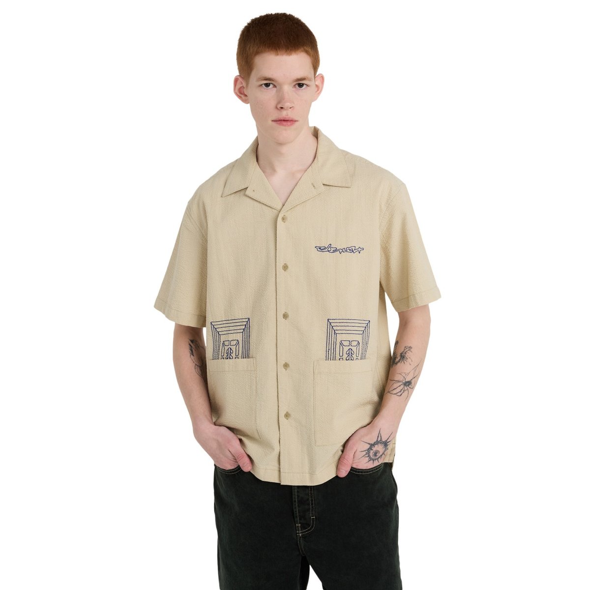 Chemise manches courtes SEERSUCKER EMBROIDERY beige seersucker aluminium, ELEMENT
