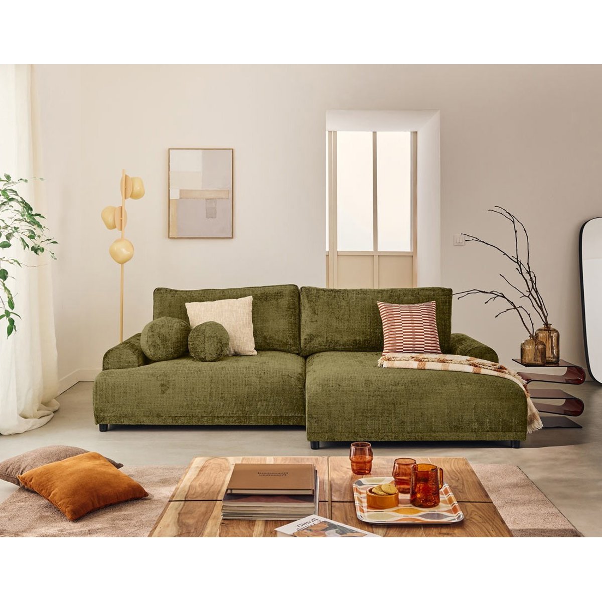Canapé d'Angle Convertible 4 places - NELLY vert olive, BEST MOBILIER