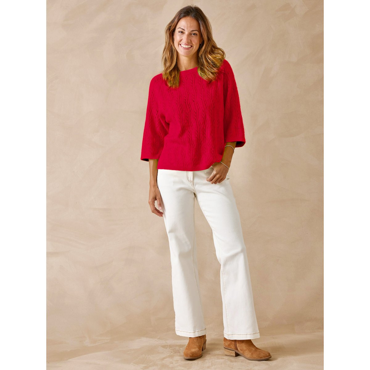 Pull manches au coude 5% laine rouge, DAXON