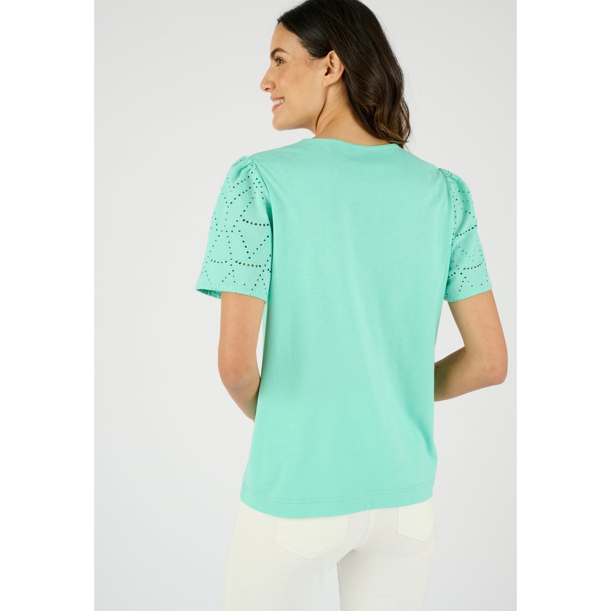 T-shirt broderie anglaise pur coton bleu vert d'eau, DAMART