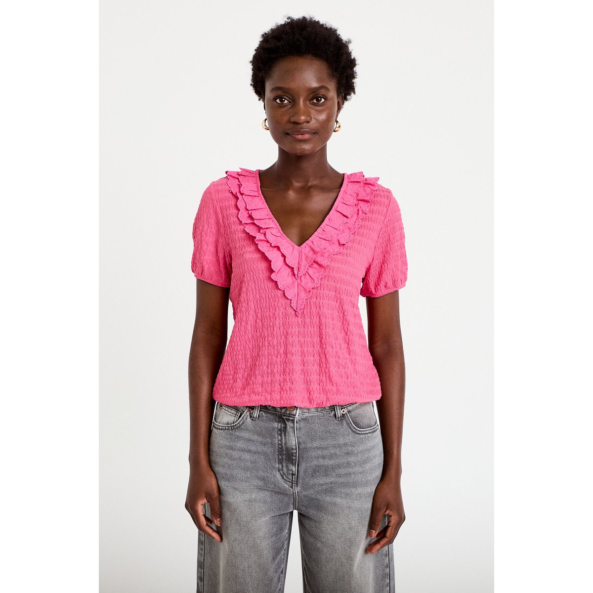 Blouse plissée col v manches courtes rose fushia, CACHE CACHE