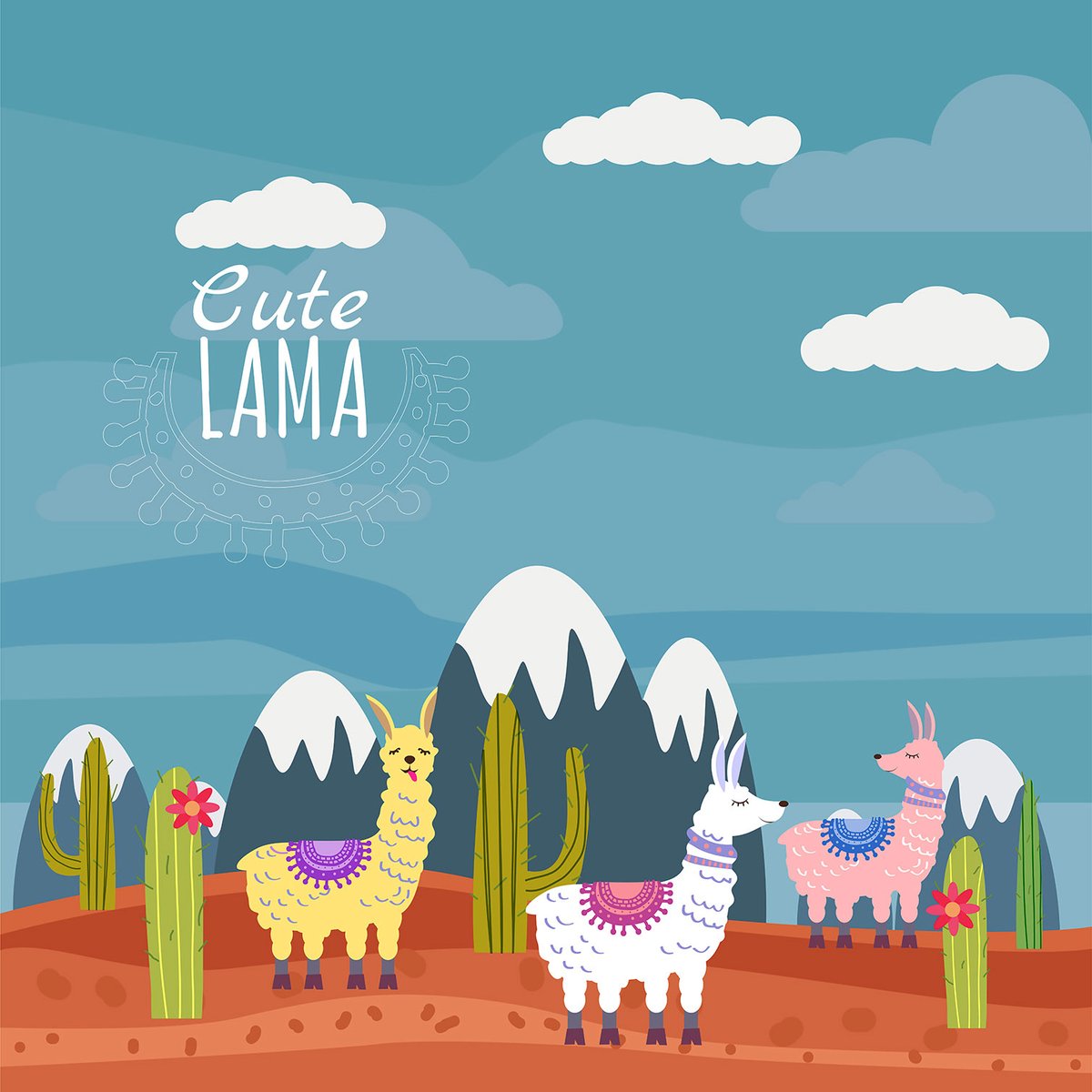 Tableau Affiche illustration lamas et sommets enneigés toile imprimée, HEXOA