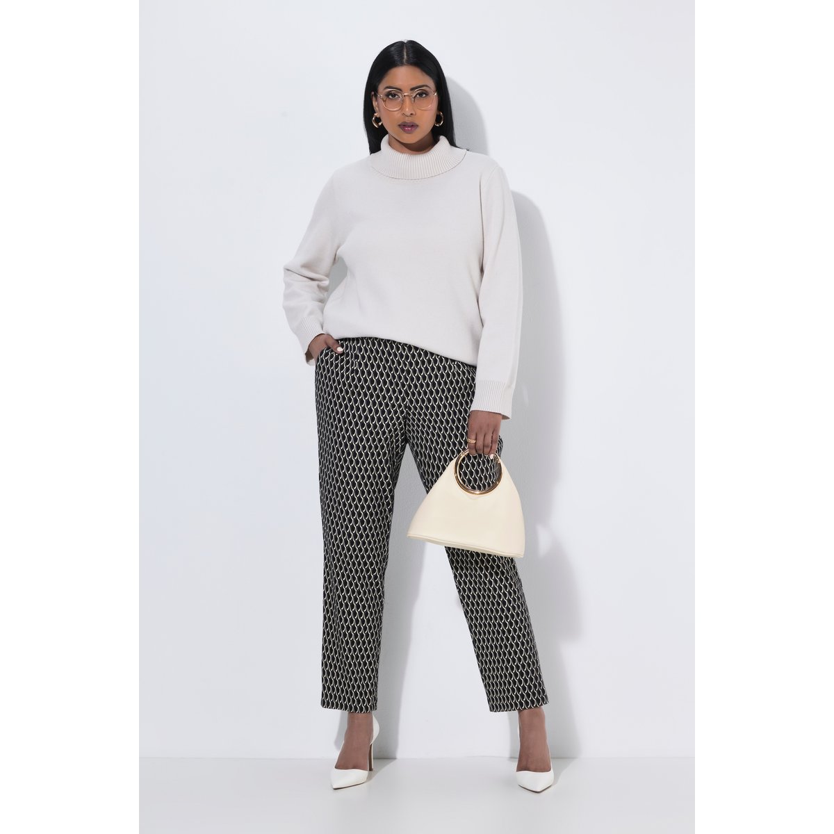 Pantalon Jacquard motif graphique noir, ULLA POPKEN