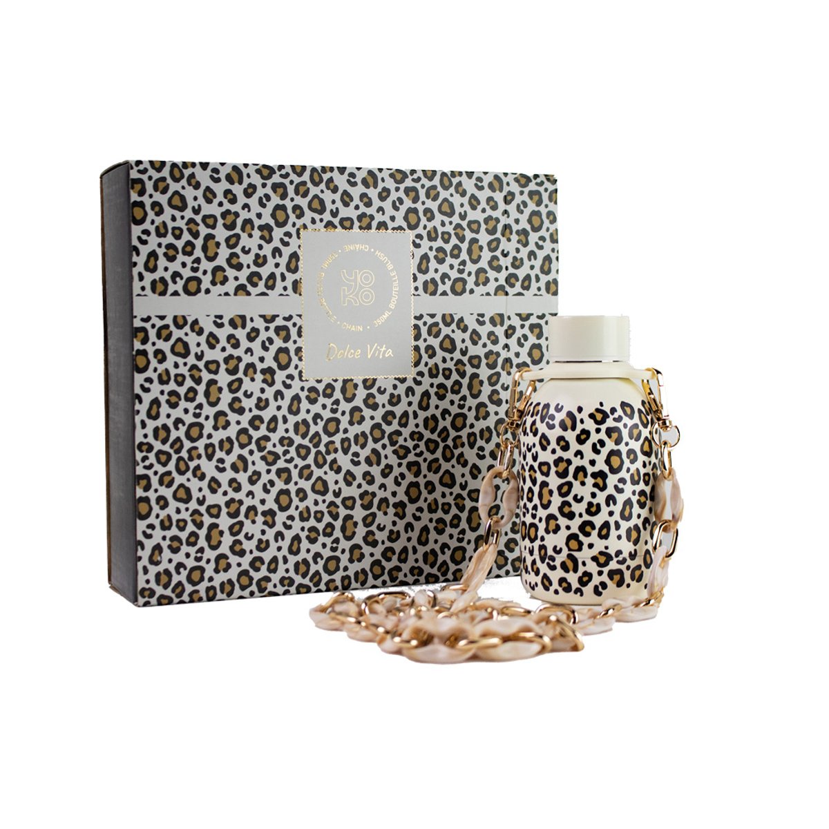 Coffret bouteille isotherme blush léopard 35 cl avec chaine multicolore, YOKO