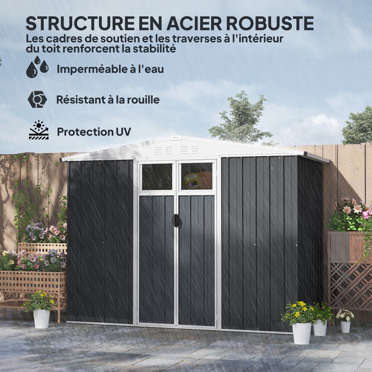 Abri de jardin surface 2,7 m² - 2 portes fenêtres évents - tôle d'acier gris, OUTSUNNY