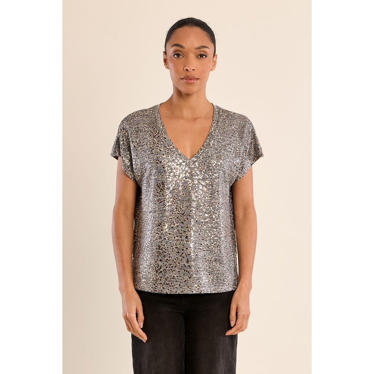 T-shirt col V irisé gris, MOLLY BRACKEN