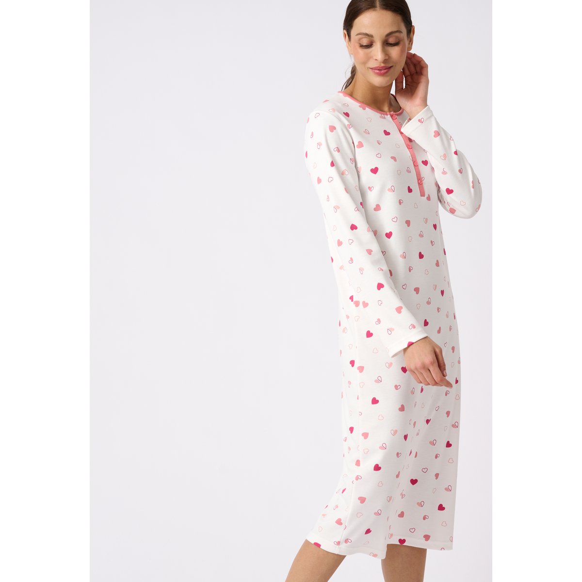 Chemise de nuit Thermolactyl en maille interlock blanc rose imp., DAMART