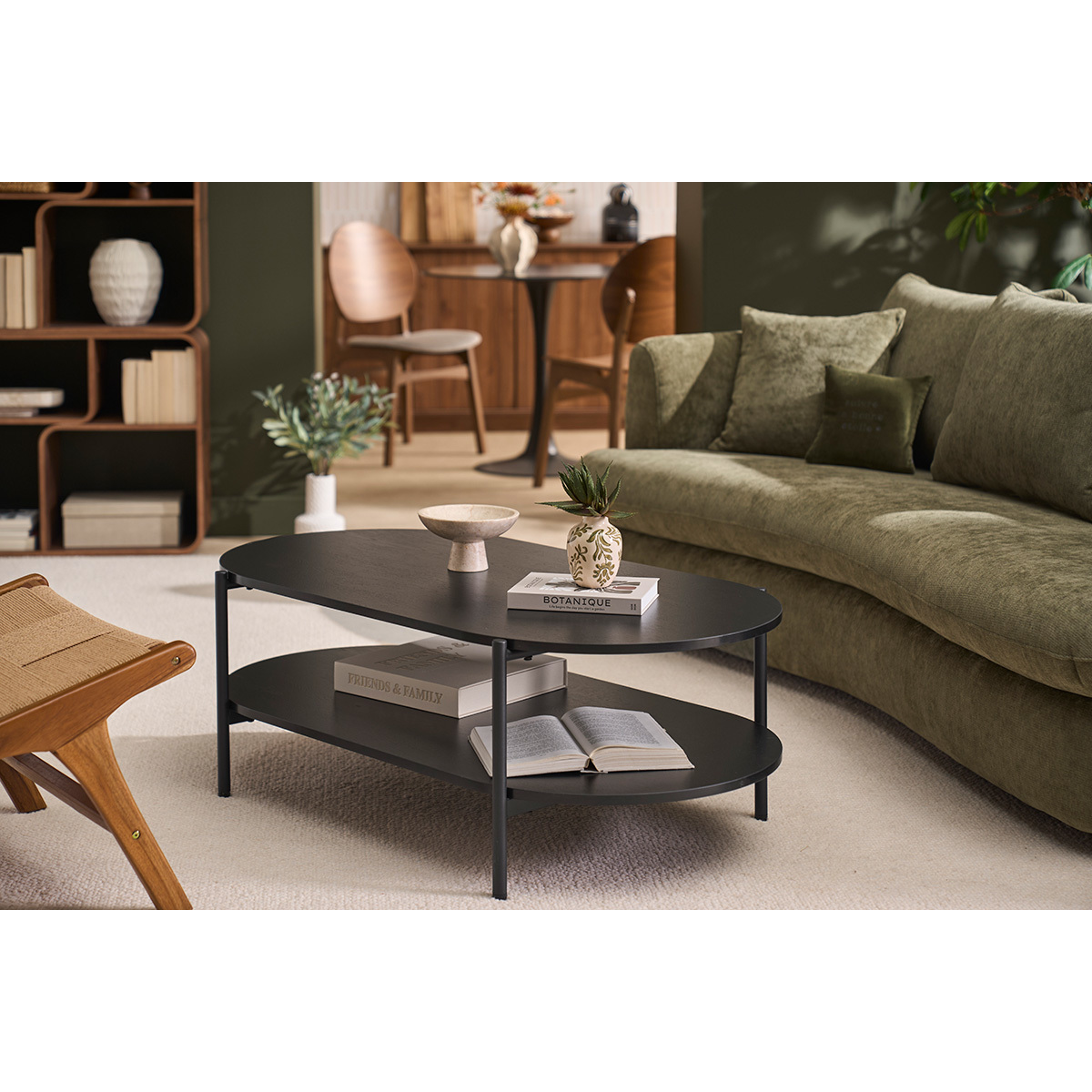 Table basse ovale finition bois foncé noyer et métal L115 cm BRUNA noir, MILIBOO