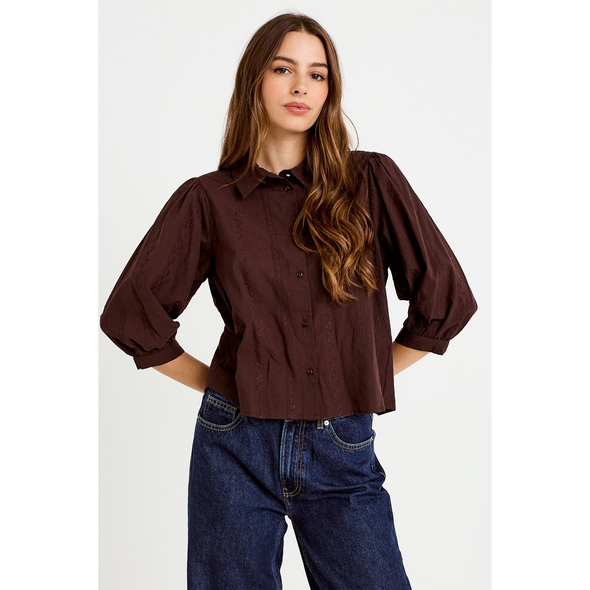 Chemise droite col classique manches 3/4 marron foncé, CACHE CACHE