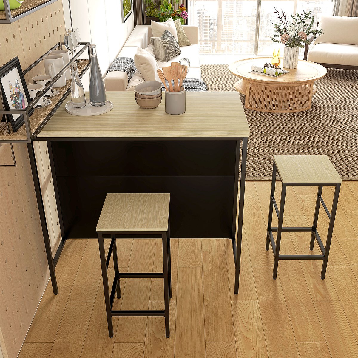 Ensemble de table de bar MDF Bois naturel bois naturel, noir, HOMCOM