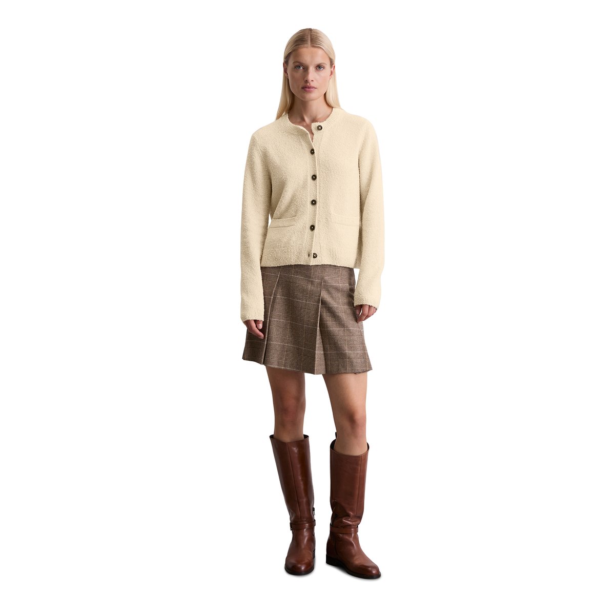 Cardigan regular en fil bouclé beige, MARC O'POLO