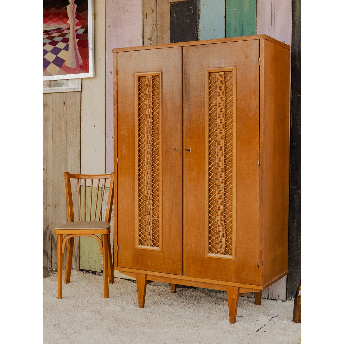 Armoire en bois et rotin Magda N°716 - Bon état bois clair, DEBONGOUT