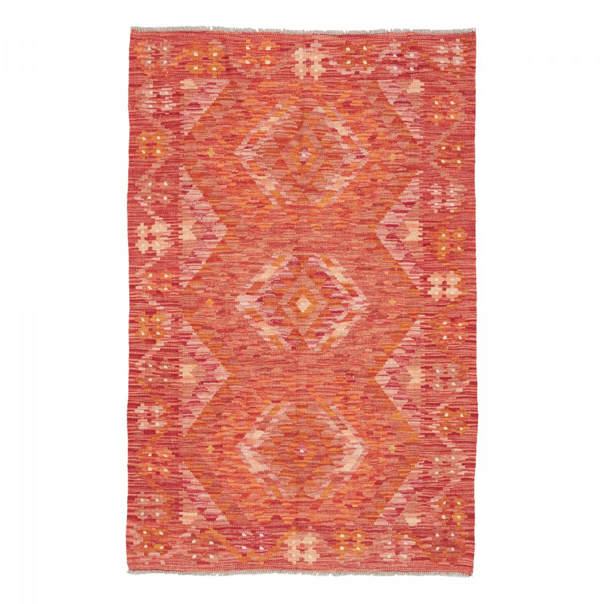 Tapis d'orient, motif géométrique artisanal, tissé plat, KILIM 12 rouge, orange, rose, UN AMOUR DE TAPIS
