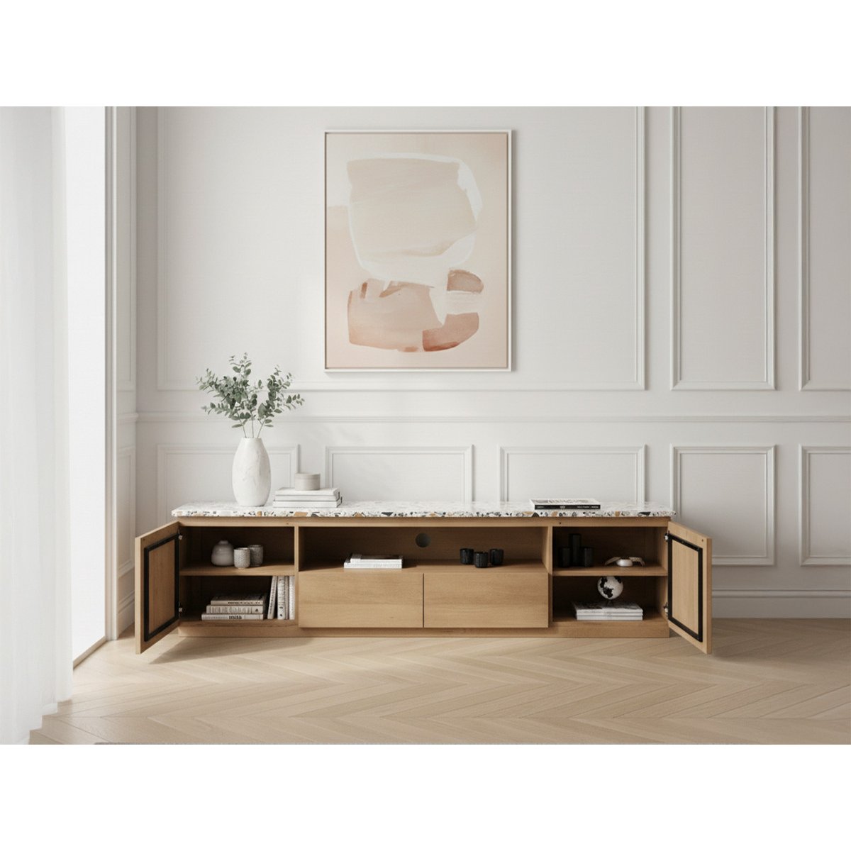Meuble TV 200 cm bois massif, BARBARA marron clair, BOBOCHIC