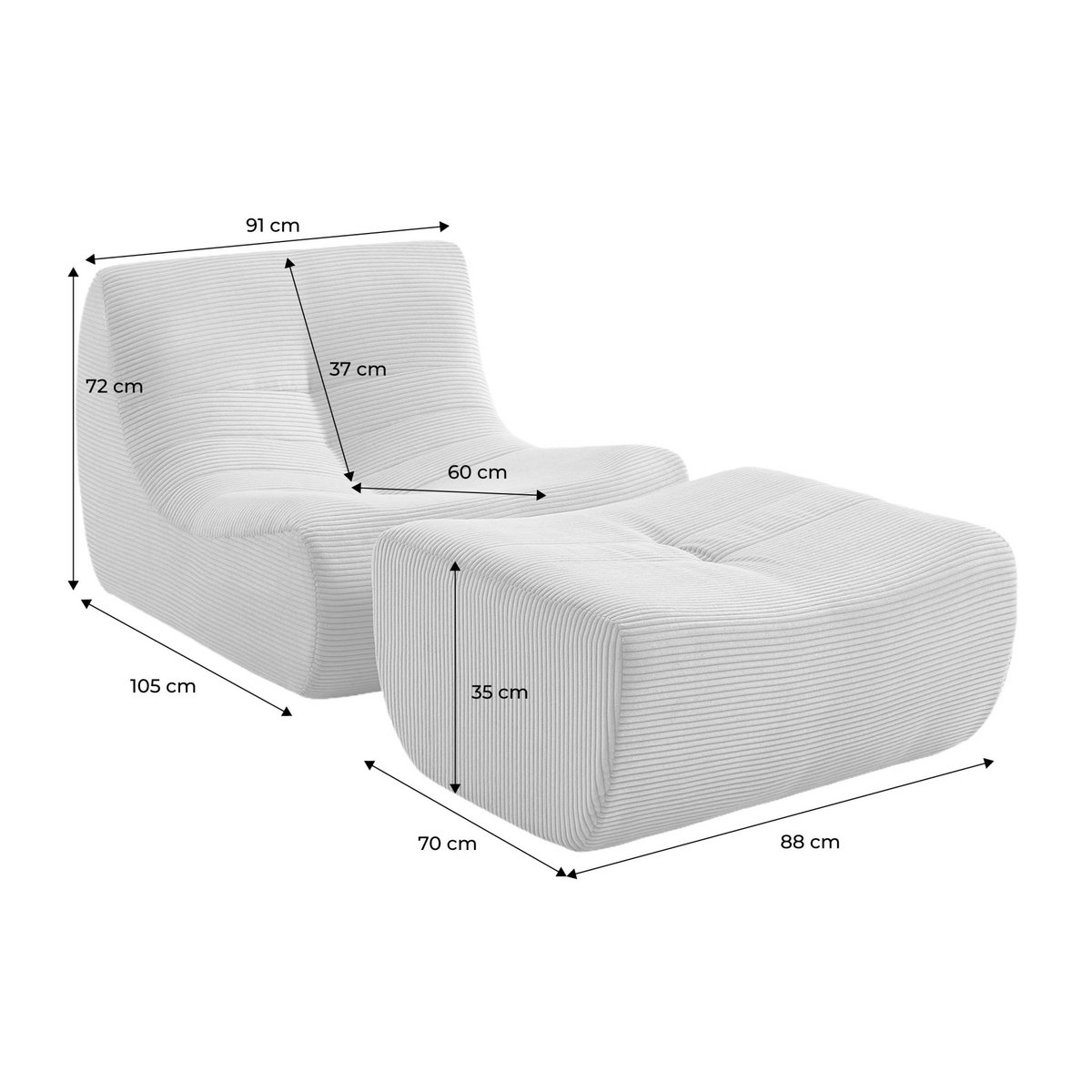 Chauffeuse compressée velours côtelé 1 place avec repose pieds SOKOL crème, SWEEEK