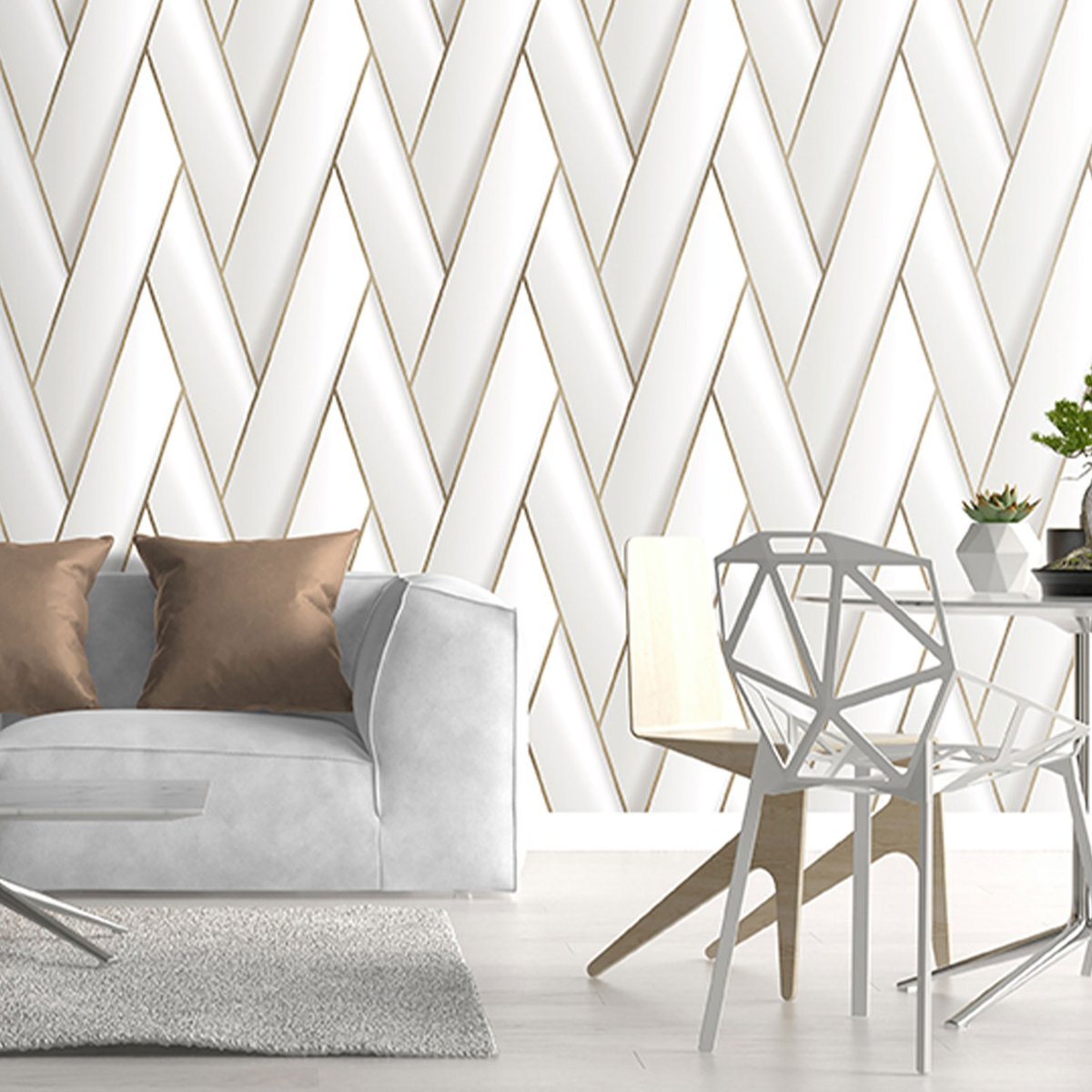 Papier peint géométrique art doré blanc, HEXOA