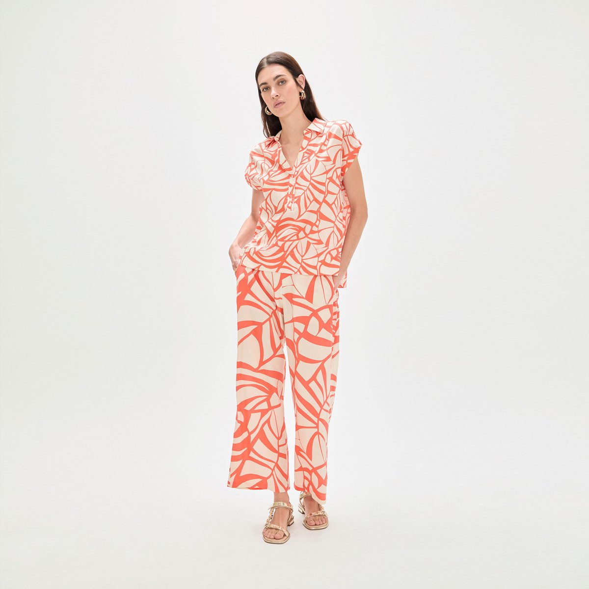 Blouse fluide imprimée à manches courtes corail, LOLA CASADEMUNT