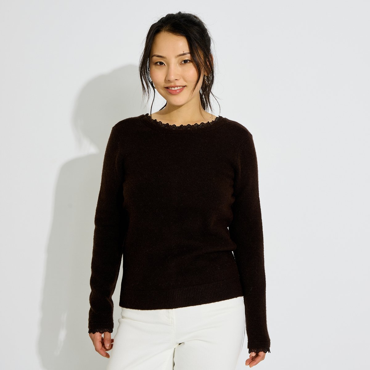 Gilet dentelle col V marron, GRAIN DE MALICE