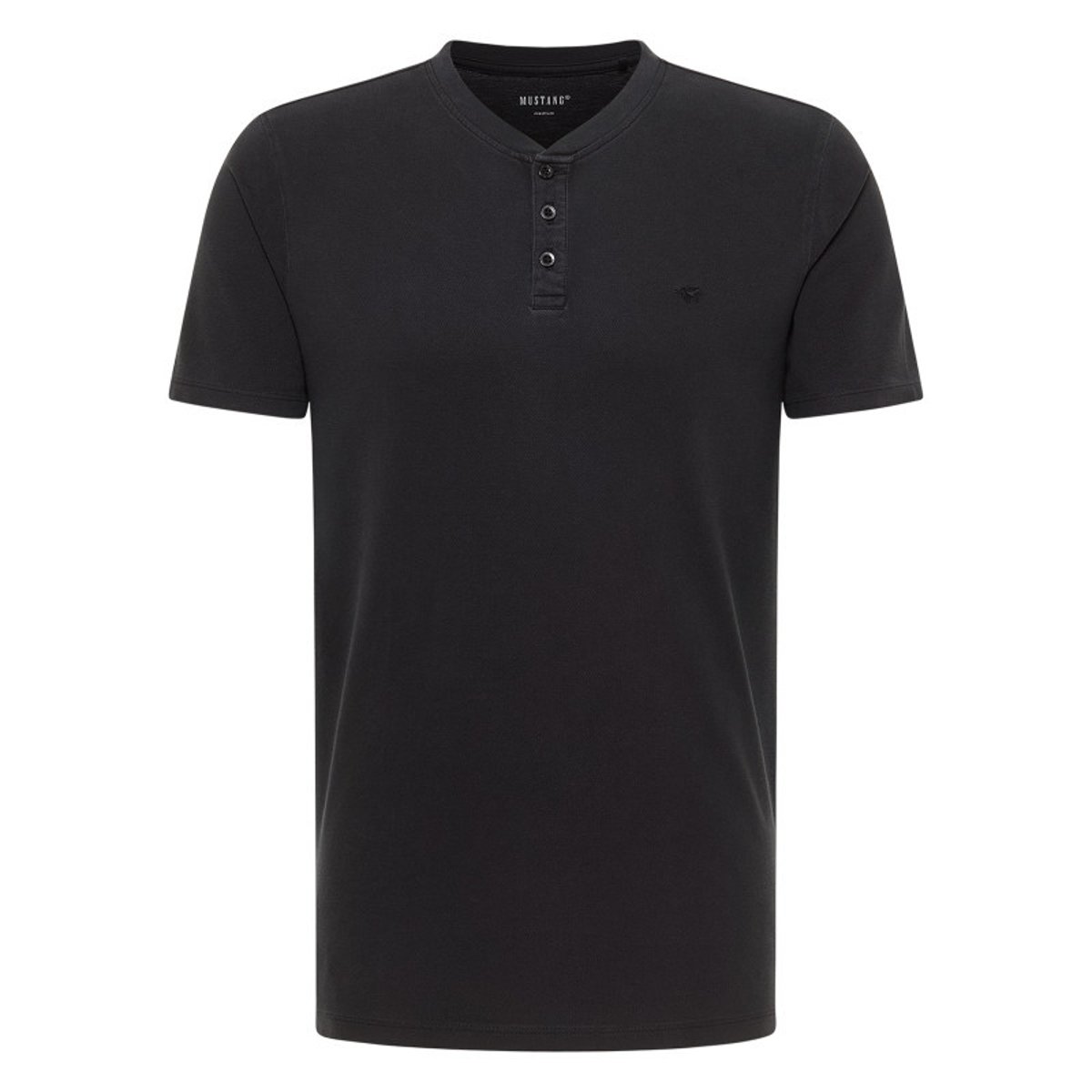 T-shirt en coton noir uni avec un col tunisien et des manches courtes noir, MUSTANG