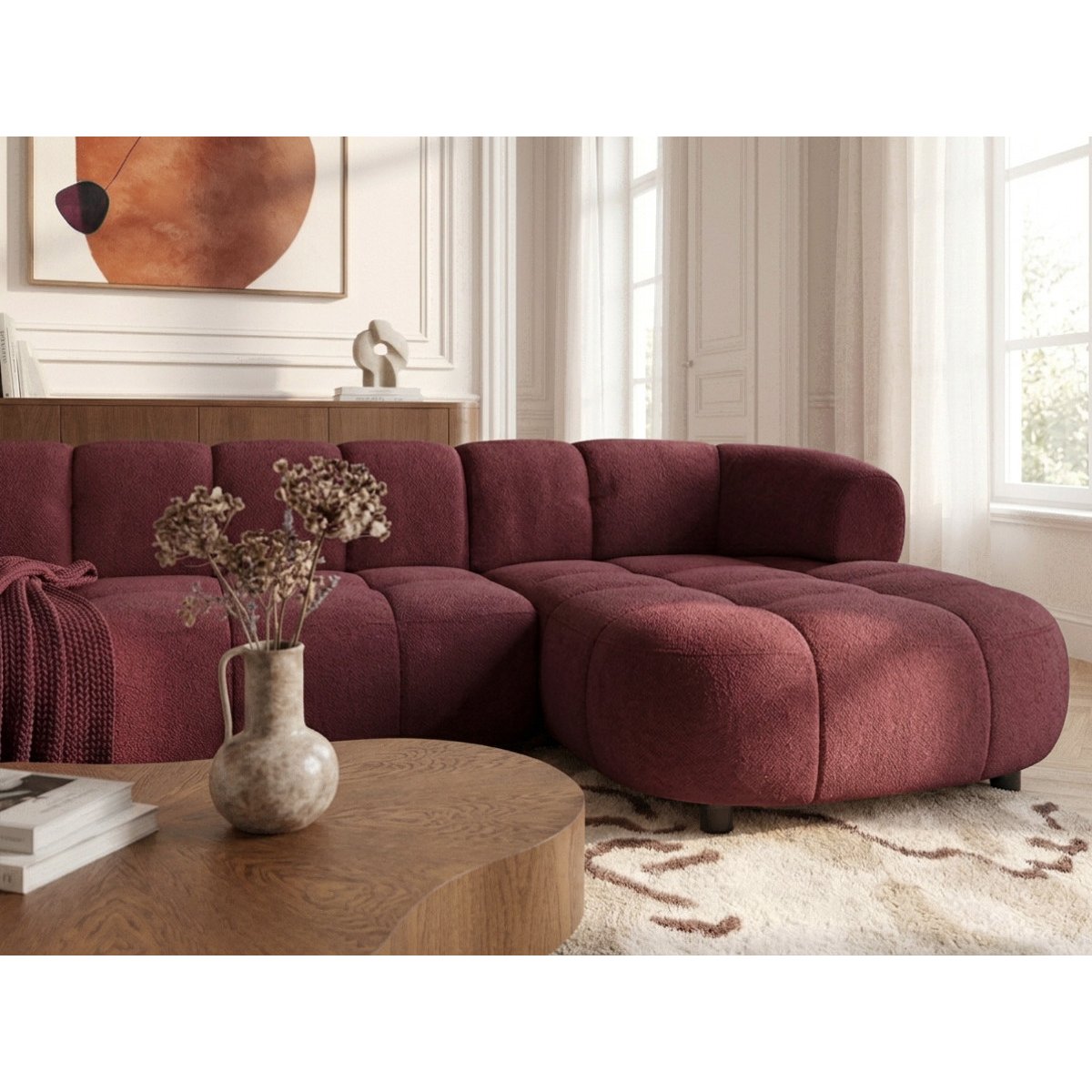 Canapé d'angle convertible 3 places en tissu lisse, LOVELY rouge, BOBOCHIC