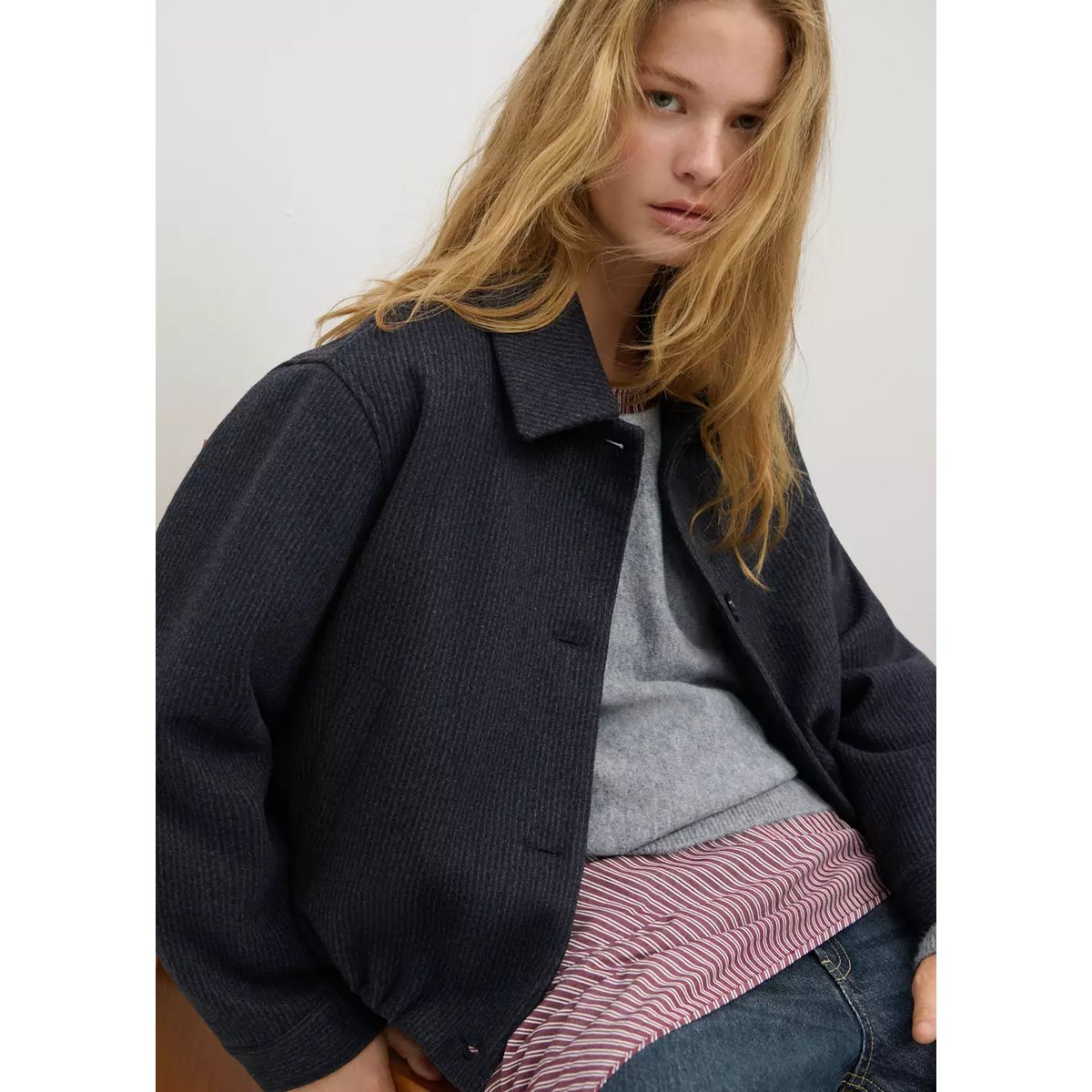 Manteau drap de laine rayé bleu marine, MANGO TEEN